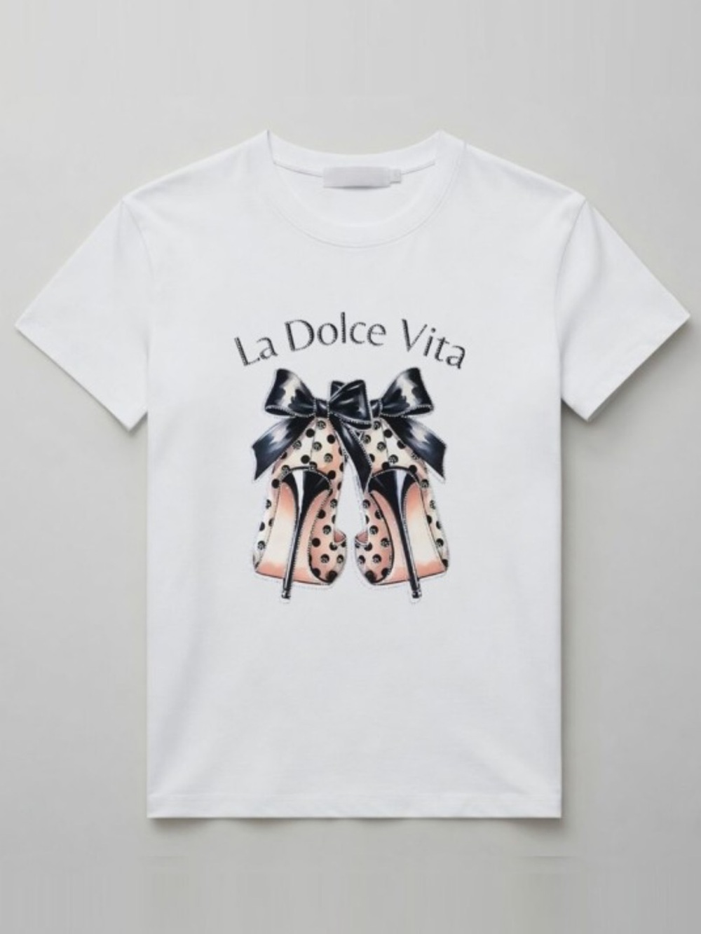 ShopEvelynne White 'La Dolce Vita' Graphic Tee with Polka Dot Heels